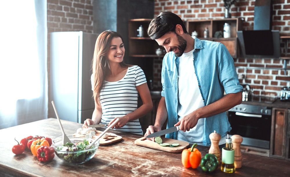 Couple cooking together for Valentine’s day