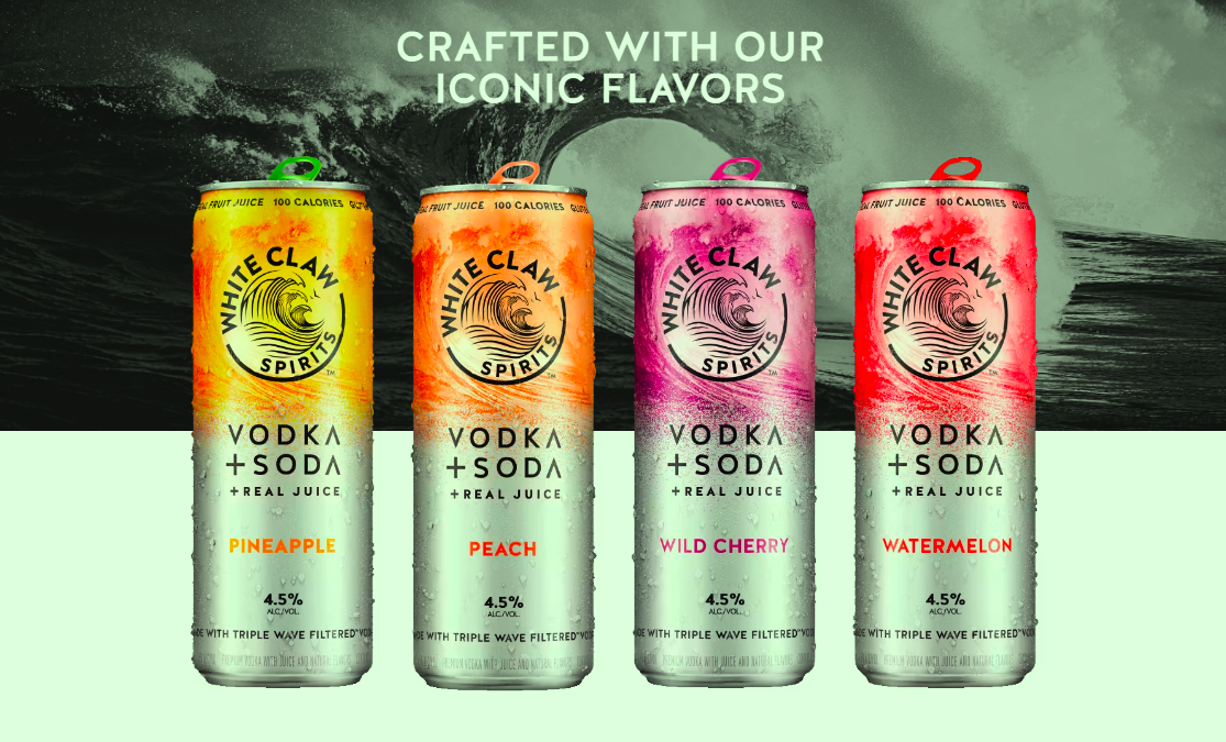 Four cans of White Claw Vodka Soda in different flavors